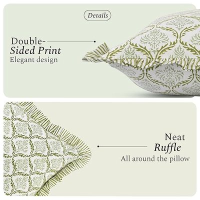 CPC Hand Block Print Fern Regal Ruffle Sham Pillow Cover 36" x 14" inch Hidden Zipper Decorative Pillowcase for Couch, Bed, Sofa, Farmhouse, Cottagecore Decor Gift Spring, Mother's Day