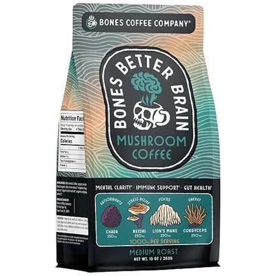 Bones Coffee Company Better Brain Mushroom Coffee - Medium Roast Low Acid Arabica Beans - Ground Coffee - Reishi, Chaga, Lion's Mane, Cordyceps Mushroom Blend - 10 Oz