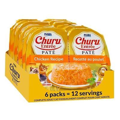 INABA Churu Entree Pate Wet Cat Food Cup, Chicken, 6ct | Complete & balanced wet cat food, Digestive support, Immune support, 84% moisture, Soft pate, 6 x 2.46 oz twin cups