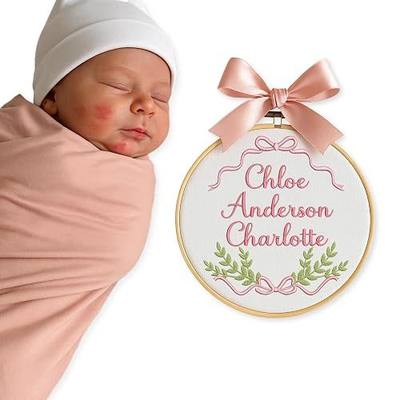 Personalized Baby Name Sign Welcome Baby Announcement Sign Newborn Baby Embroidery Hoop with Bows Baby Hospital Name Sign Custom Infant Baby Name Baby Shower Gifts (13)