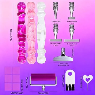 ZYNYXY 17PCS Ergonomic Diamond Art Pen Kits, with Multifunctional Metal Stainless Steel Screw Thin 1, 3, 6, 9, Tips, Correction Placers Roller Accessories (Purple + Pink + White + 5 PCS Tips)