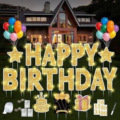 18 Pcs Happy Birthday Yard Sign with Stakes, Gold Happy Birthday Yard Sign with 49.2 Ft LED Light, 16 In Large Personalized Happy Birthday Sign, Waterproof Lawn Garden Birthday Party Decorations