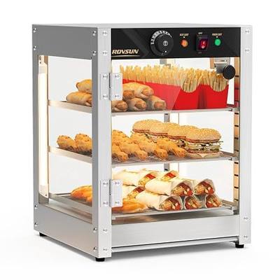 ROVSUN 3-Tier Commercial Food Warmer, 15" Pizza Warmer Food Warmer Display with LED Adjustable Lighting Glass Door Removable Shelves, Countertop Electric Food Warmer for Buffet Restaurant 110V 800W