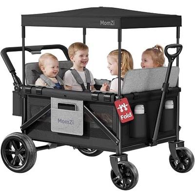 4 Seater Wagon Stroller for Kids, Collapsible Wagon Stroller with Removable Canopy, Foldable Stroller Wagon with Seat and Storage Pocket for Baby Toddlers Black