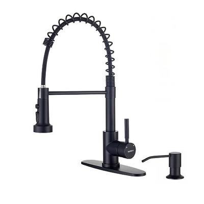 Kitchen Faucets with Pull Down Sprayer and Soap Dispenser, Matte Black Stainless Steel Single Pull Out Spring Sink Faucet, 3 Function Sprayer 1 or 3 Hole Deck Plate for Farmhouse Rv Bar
