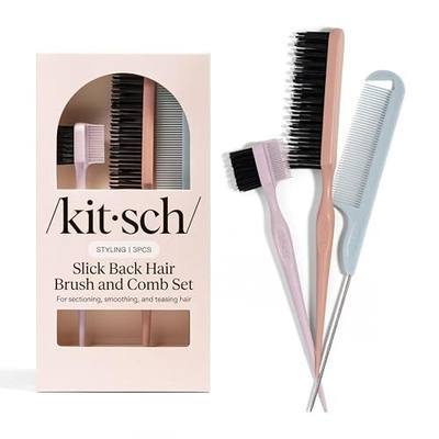 Kitsch Slick Back Hair Brush – Hair Styling Combs Kit with Pintail Comb, Edge Brush & Teasing Tool, Comb Set for Precision Parts, Smooth Edges, Volume & Slick Back Brush for Styling