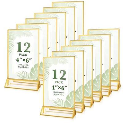 12 Pack Gold Acrylic Sign Holders 4x6 Clear Picture Frame Stands | Double Sided Vertical Stand Menu Flyer Holder for Wedding Table Numbers, Restaurant Signs, Party and Office Photos