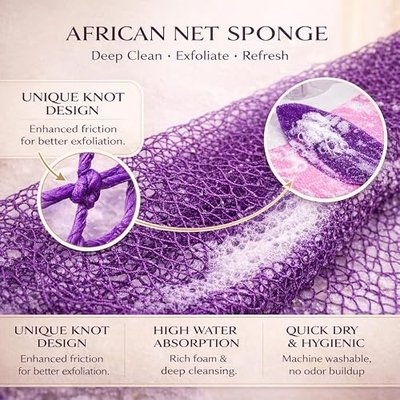 African Net Sponge Authentic, 3 Pieces African Exfoliating Net Sponge Body Back Scrubber Exfoliating Washcloth for Shower Bath for All Types Skin (Purple+Pink+Olive Green, 3 Pcs)