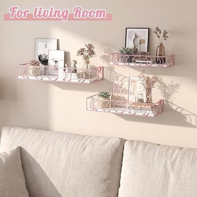 PHAREGE Moon Phase Floating Shelves White Pink, Set of 3 | Small Decorative Wall Shelves for Book Plant Storage, Crystal Figurine Collectibles Display Shelf for Bedroom Kid Room