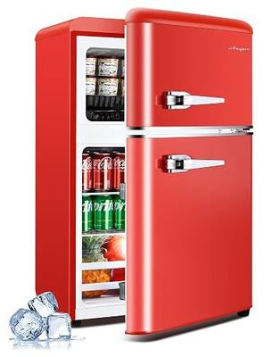 Anypro 3.2 Cu.Ft Refrigerator, Double Door Retro Fridge with Freezer, 7 Adjustable Temperature Settings, Low Noise, Removable Glass Shelves for Dorm, Office, Bedroom, Apartment, Red