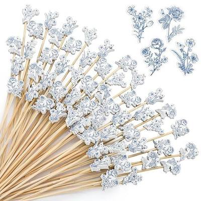 Bokon 200 Pcs Blue White Vintage Flower Cocktail Picks Bamboo Toothpicks Drinks Wedding Party Decoration Food Fruit Party Birthday Holiday Wedding Bridal Shower Outdoor Decoration for Women Men