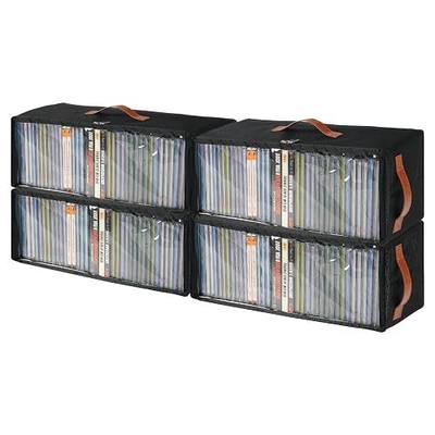 4 Pack CD Storage Box, Stackable CD Case Holder with Front Zippered Clear Window and Handles, 15.7 x 6.1 x 5.3 Inches Oxford Fabric CD Tower Rack, Holds Up to 148 CDs (Black, 4 Pack)