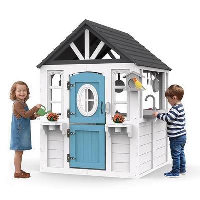 Kids Playhouse Outdoor,Cedar Wooden Play House for Kids Ages 3-6,with Dutch Door, Play Kitchen, Interactive Doorbell, Sink, Flowerpot, Birdcage