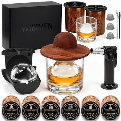 Whiskey Smoker Kit with Torch & 2 Clear Ice Maker, Old Fashioned Smoker Kit | 2 Clear Ice Makers, Whiskey Smoker, 6 Wood Chips, 2 Glasses, Torch(No Butane), Old Fashioned Cocktail Kit, Bourbon Smoker Kit