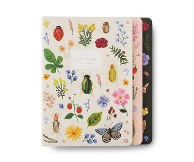 RIFLE PAPER CO. Gracie Stitched Notebook Set, 8.5" L x 6" W, Set Of 3, 64 Ruled Pages With Gold Ink, Full-Color Canvas Cover with White Text Paper Interior