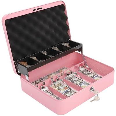 Cash Box with Key Lock & Foam Auto-Pop Coin Tray – Secure Steel Money Box with 4 Upgraded Finger-Safe Bill Clips, Premium Smooth Scratch-Resistant Coating, 11.8"L x 9.5"W x 3.5"H, KL Pink