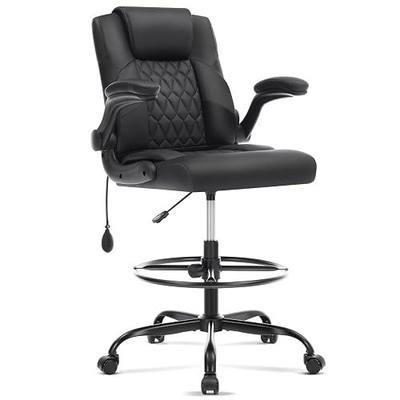 Leather Drafting Chair,Tall Office Chair for Standing Desk,Black | Inflatable Lumbar Support,27.5"-35.5"Adjustable Height,Foot Ring,Flip-up Armrests,High Executive Chair Counter Studio Chair
