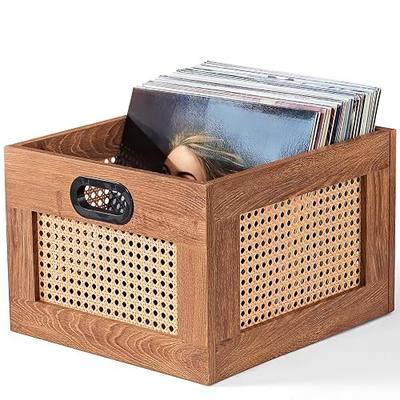 LELELINKY Vinyl Record Storage, Rattan Record Crate for Vinyl Albums Holder | Classic Cube Wooden Vinyl Crate Storage 75+ Records, Record Storage Box Organizer for LP Albums & Magazine Holder, Tea Brown