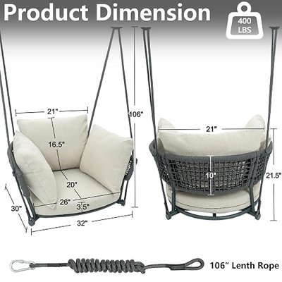 Swing Chair Outdoor, Single Hanging Porch Swing, Ceiling Hanging Chair for Bedroom, 106" Adjustable Rope Swinging Chair Indoor, Heavy Duty 400lbs Patio Outdoor Swings for Deck/Balcony, Beige