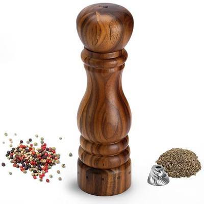 Wooden Pepper Grinder, Manual Pepper Mill with Stainless Steel Core, Refillable Pepper Shaker with Acacia Wood Body, External Adjustable Coarseness, 9” Tall