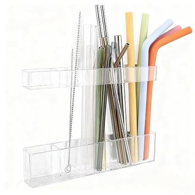 Acrylic Straw Holder for Cabinet Door - Child-Safe Organizer & Dispenser with Smooth Rounded Edges for Kitchen Accessories Storage, Adhesive Circles Included (Clear Transparent)
