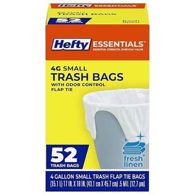 Hefty Essentials 4 Gallon Trash Bags, White, Fresh Linen Scent, 52ct | 4G Small Trash Bags for Bathrooms, Bedrooms, Dorm Rooms, Home Offices, Flap Tie Closure, Fits Small Wastebasket Bins