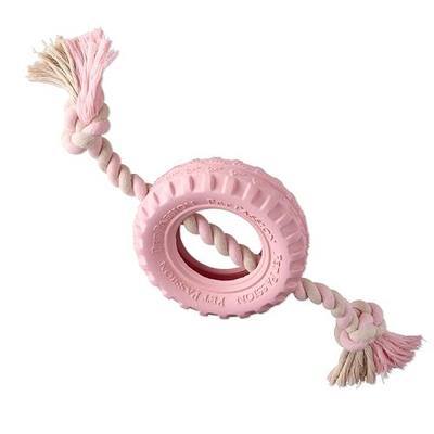 Pet Passion Natural Rubber Tire and Organic Cotton Rope Pull and Chew Dog Toy for All Pet Breeds, Blush, Small