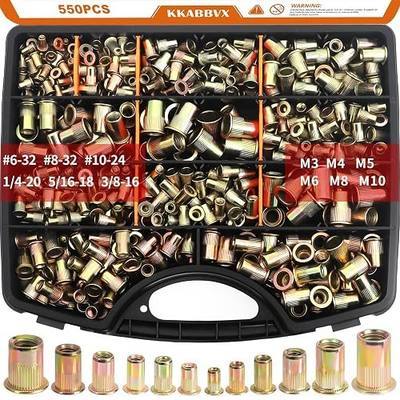 Rivet Nuts Assortment kit, 550pcs SAE & Metric Rivet Nut,Galvanized Carbon Steel Flat Head Threaded Rivet Sizes M3,M4,M5, M6,M8,M10,#6-32,#8-32,#10-24,1/4-20,5/16-18,3/8-16