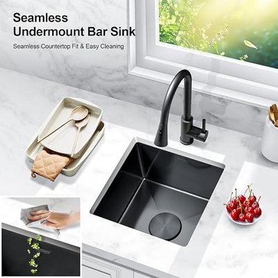18x18 Gunmetal Black Bar Sink Undermount, 18G Stainless Steel Sink | Nano PVD Brushed, Square 9" Deep, Soundproof, Easy to Clean, Includes Grid, for Under Counter Kitchen, RV, Wet Bar, Prep