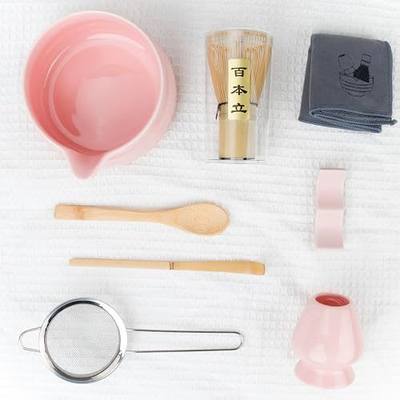 Matcha Whisk Set 8 Pcs Matcha Kit Ceramic Matcha Set Includes Matcha Whisk and Bowl Matcha Whisk Holder Bamboo Scoop Tea Plucking Scoop Rest Sifter and Tea Towe Gift for Matcha Lovers Beginner(Pink)