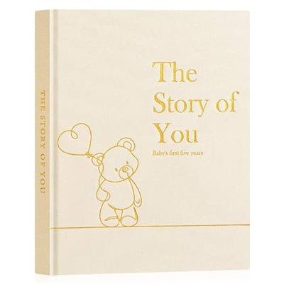 Lanpn Baby Memory Book for Boy Girl - The Story of You, Newborn Babys Keepsake Book Photo Album for New Parents, Linen Cover Baby First 5 Year Milestone Journal Scrapbook (Beige, 154 Pages)