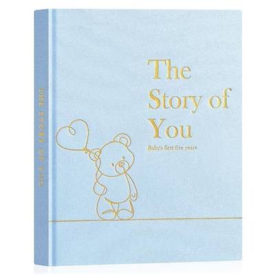 Lanpn Baby Memory Book for Boy Girl - The Story of You, Newborn Babys Keepsake Book Photo Album for New Parents, Linen Cover Baby First 5 Year Milestone Journal Scrapbook (Blue, 154 Pages)