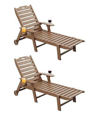 Carauci Lounge Chair Outdoor Set of 2, HDPE Chaise Lounge with Wheels, 5-Position Adjustable Backrest & 2 Cup Holders Patio Lounge Chair, All-Weather Pool Sun Lounger for Poolside, Backyard, Teak