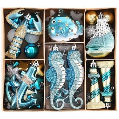Valery Madelyn Summer Tree Ornaments 50ct Teal Aqua Blue Shatterproof Beach Nautical Ocean Coastal Christmas in July Decorations, Hanging Seahorse Anchor Pufferfish Sailboat Lobster for Tropical Party