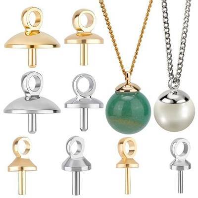 Beebeecraft 1 Box 40Pcs 24K Gold & 925 Sterling Silver Plated Brass Eye Pin Peg Bail 4 Sizes Cup Pearl Eye Pin Bail Peg Pendant Connectors for Half Drilled Beads Jewelry Making Findings
