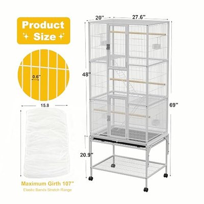 69 inches Bird Cage with Dust Cover, Birdcages with Rolling Wheels | Large Bird Cages for Cockatiels Quaker Conure Parakeet Lovebird Finch Canary Small Medium Parrot Cage Birdcage,White
