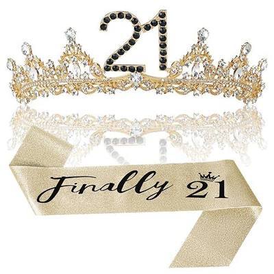 21st Birthday Crown and Sash for Women, 21st Birthday Decorations for Her | Black Gold 21 Tiara 21 Year Old Gifts Party Favors for Girls