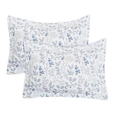 Sanracie Cotton Queen Size Pillow Shams Set of 2 (20"x30"), Embroidery Pattern Quilted Bed Pillow Cases Envelope Closure Breathable Soft Pillow Covers, Blue Leaves
