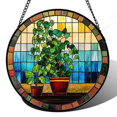 Stained Glass Window Hanging Green Potted Plants 6.3" - Suncatcher Door Garden Sun Catcher Retro Home Decor Birthday Christmas for Mom Men Woman Nana Friend
