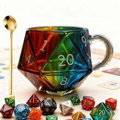 Rainbow D20 Dice Mug,20-Sided Polyhedral Dice Gaming Mug,Transparent Glass High Temperature Resistance Coffee Cup,Gifts for RPG & Board Game Lovers (1)