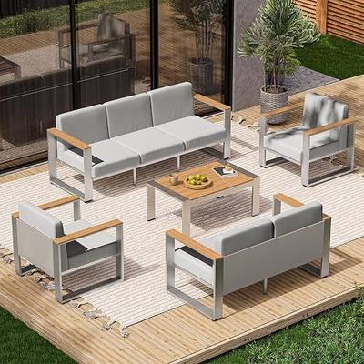 Outdoor Patio Furniture Set, 7 Seats Outdoor Patio Conversation Sets with Ergonomic Seat and Wide Washable Thick Cushions, Modern Patio Sectional Furniture for Balcony, Porch(Teak-Gray