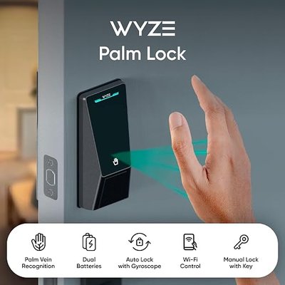Wyze Palm Lock, Smart Door Lock with Palm Vein Recognition, Keyless Entry Smart Locks for Front Door, Keypad, Auto Lock, Dual Battery, Wi-Fi, Works with Alexa & Google, IP53, Mechanical Key (Renewed)