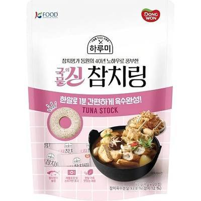 Korean Food Dongwon Tuna Stock Soup Base Coin Broth Rings 20 Count 2.82oz | Instant tuna stock broth rings for soups, stews, and noodles. Convenient coin-shaped seasoning with 20 tablets included.