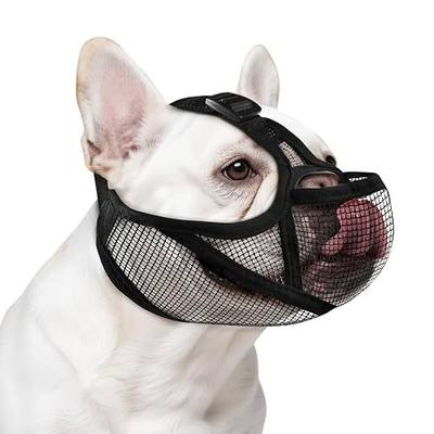 OHCOZZY French Bulldog Muzzle with Soft Mesh, Allows Tongue Extension -Open Eye Hole Short Snout Dog Muzzle for Biting Prevention, Drinking & Feeding(M,Black)