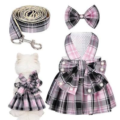 Dog Plaid Dress Harness and Leash Set with Pearls Bow Adjustable Puppy Dress Mesh Vest Bow Knot Pet Clothes for Cute Small Girl Dog Cat