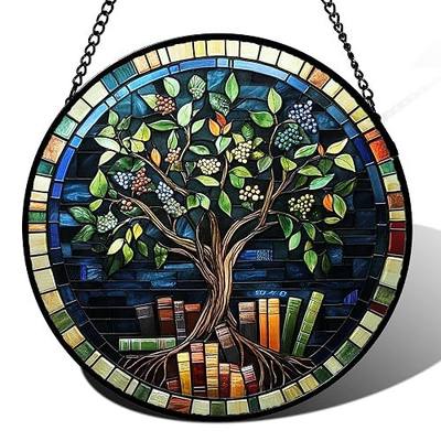 Stained Glass Window Hanging Green Life Tree Berry Book 7.8" - Blue Suncatcher Door Garden Sun Catcher Home Decor Birthday Christmas for Mom Men Woman Nana Friend