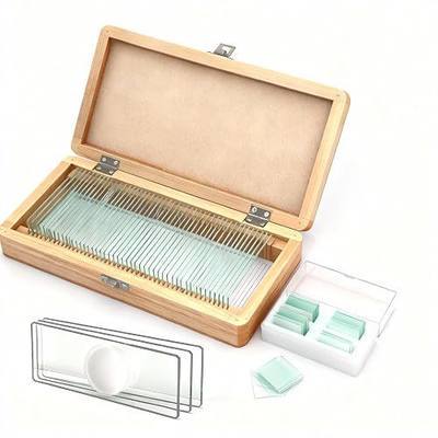 Single Concave Microscope Slides in Wooden Case - 50 Pre-Cleaned Slides with 100 Square Coverslips, Compatible with All Microscopes, Deluxe Gift Set