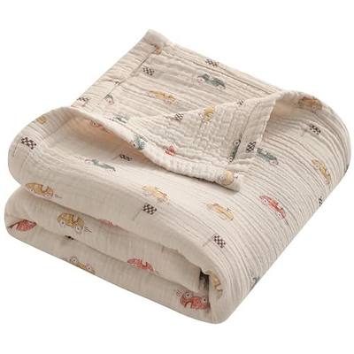 NTBAY Muslin Cotton Oversized Toddler Blanket, 42 x 60, Retro Race Car | 4 Layer Muslin Cotton Blanket with Cartoon Print, Lightweight for Toddler Beds, Daycare, Travel, and Supervised Use