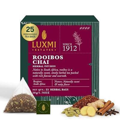 Luxmi Estates Rooibos Chai Herbal Tea, 25 Biodegradable Pyramid Tea Bags (50g, 1.76oz) | South African Rooibos with Indian Chai Spices - Cardamom, Cinnamon, Ginger & Cloves | Caffeine-Free Chai Alternative, Vegan