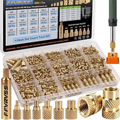 600+7Pcs Brass Threaded Inserts M2 M2.5 M3 M4 M5 M6 for 3D Printing | Heat Set Insert with Tips Tools, Brass Knurled Nuts for Plastic PLA PETG ABS PPS & More, Sturdy Case, Iron Not Included